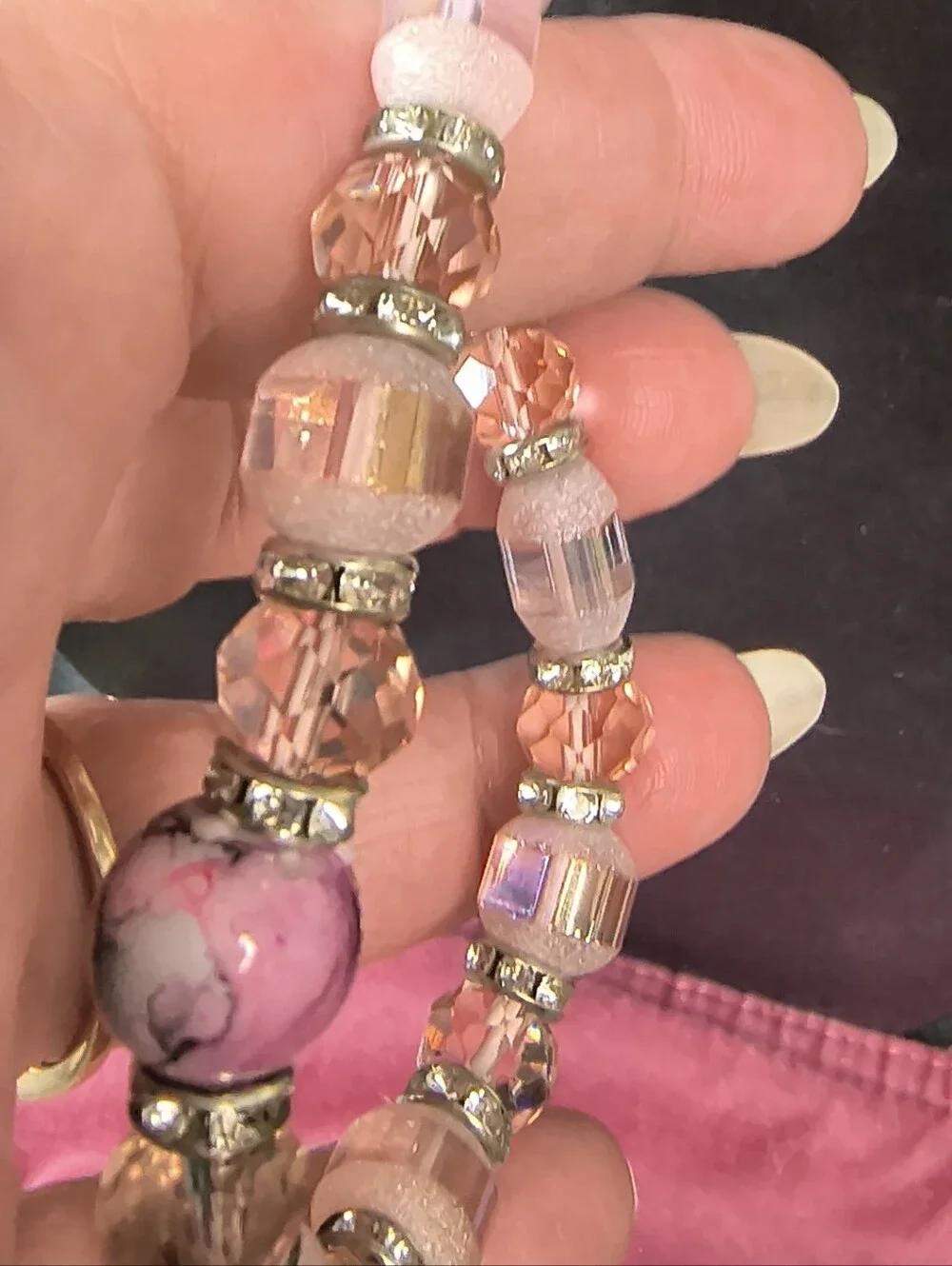 Vintage Pink Art Glass Beaded Bracelet Rhinestone Stretch Statement